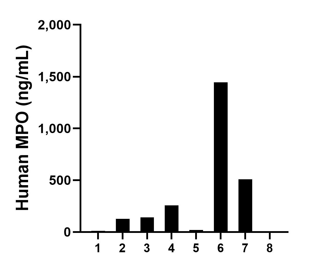 Saliva of eight individual healthy human donors was measured. The MPO concentration of detected samples was determined to be 314.7 ng/mL with a range of 6.3 - 1,446.1 ng/mL.